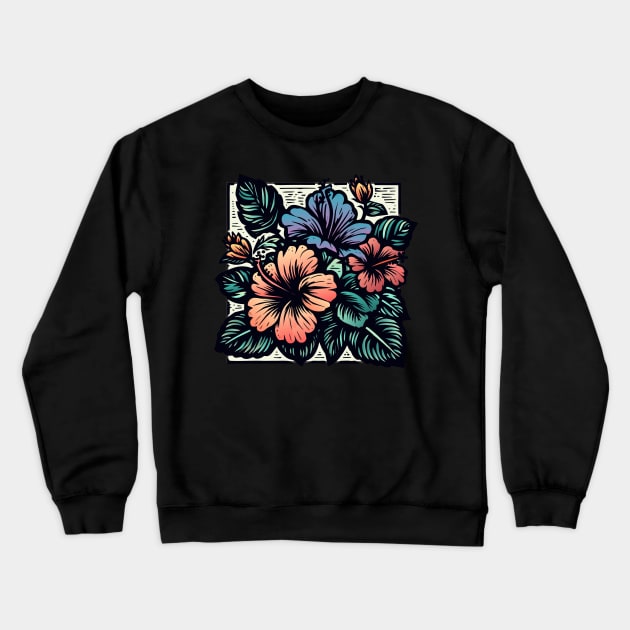 Bright Tropical Hibiscus Flower Woodcut Design Crewneck Sweatshirt by Organicgal Graphics